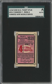 1939 World Series Game 4 World Series Crosley Field Ticket Stub - Yankees Clinch Series (SGC) 